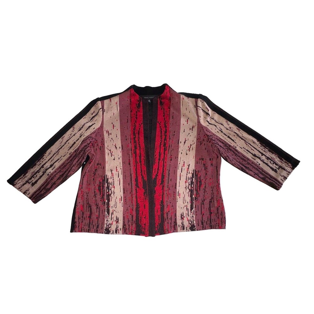 Ming Wang Womens Knit Open Front Striped Sweater Jacket Size PXL  Red Black